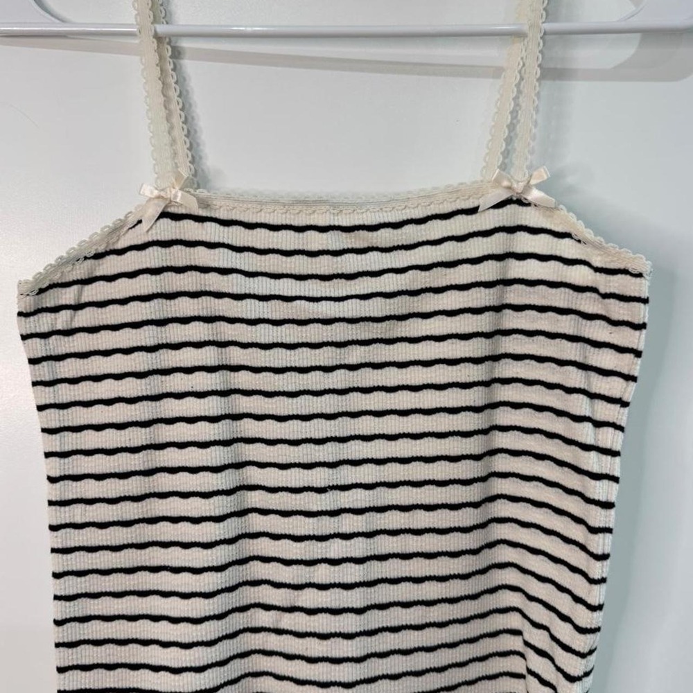 American Eagle Striped Lace Trim Cami Tank Top Black White Bows Medium